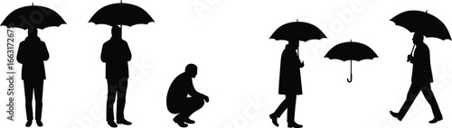 Umbrella and people silhouettes, artistic vector set, social metaphor graphic, black figures, walking and standing poses, conceptual design illustration