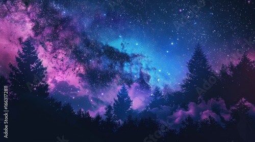 Vibrant night sky filled with stars and nebula above forest silhouettes in purple and blue hues. Concept of astronomy, wonder, and the cosmos.