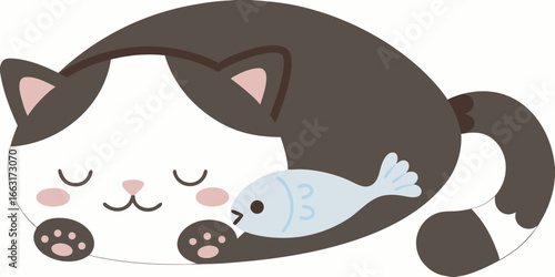 Cute cartoon cat sleeping with a fish kitten napping