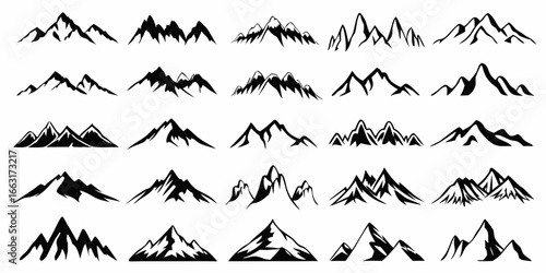Diverse set of black mountain range illustrations mountains