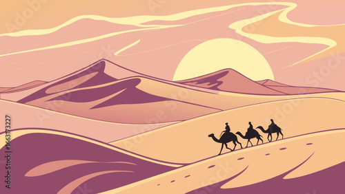 Three camels traverse a vast desert landscape under a warm sun with rolling sand dunes and soft clouds