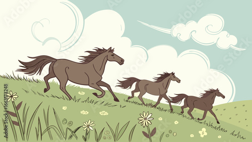 Three brown horses running across a grassy field under a cloudy sky in a cartoon style art piece