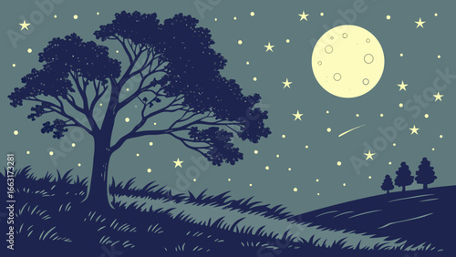 A serene night scene with a large tree silhouetted against a starry sky and a full moon shining brightly