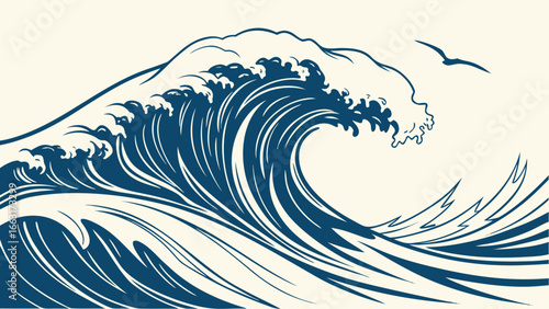 Illustration of a large blue ocean wave with a seagull flying above it in a simple design style
