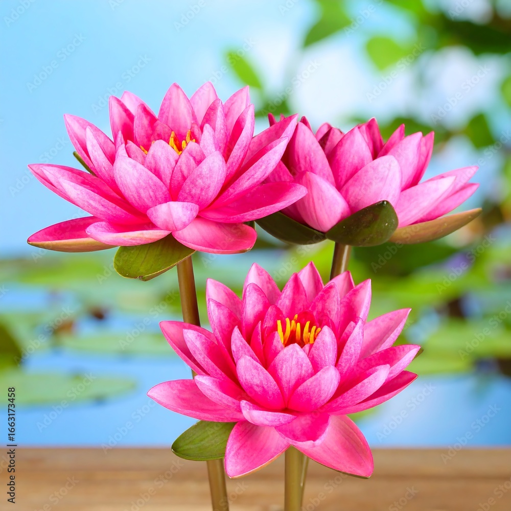 Obraz premium Vibrant pink water lilies on a wooden surface