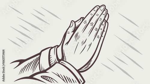 Illustration of praying hands with sleeves and background of diagonal line patterns artfully rendered