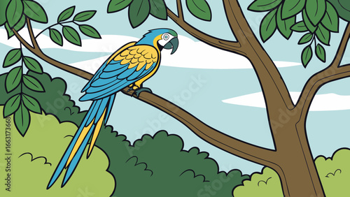 A blue and yellow macaw perched on a tree branch with green leaves and a cloudy sky background in cartoon style
