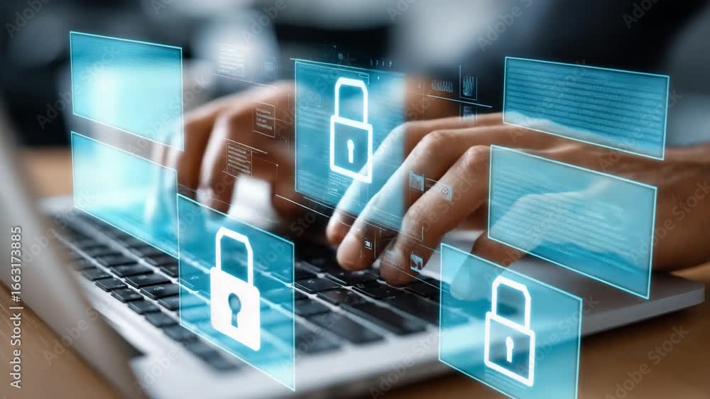Cybersecurity in Action: A close-up shot of hands typing on a laptop ...