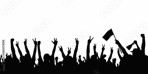 Silhouette of cheering crowd with flag and megaphone