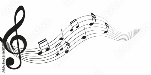 Stylized Musical Notes and Treble Clef on Flowing Staff
