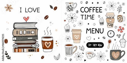 Stack of Books and Coffee with Coffee Time Doodles