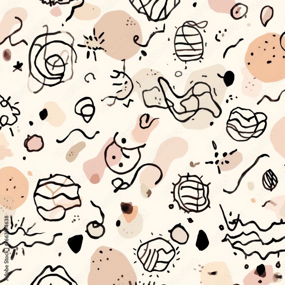 Seamless abstract doodle pattern with hand drawn shapes and organic lines, modern minimal Scandinavian style background in pastel earthy tones for textile, wallpaper and decoration Seamless abstract doodle pattern with hand drawn shapes and organic lines, modern minimal Scandinavian style background in pastel earthy tones for textile, wallpaper and decoration