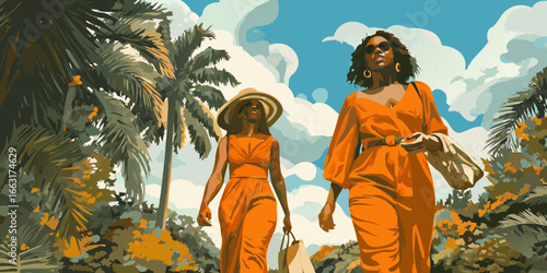 Two fashionable women strolling through a tropical landscape