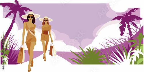 Women in stylish outfits with shopping bags in a tropical setting