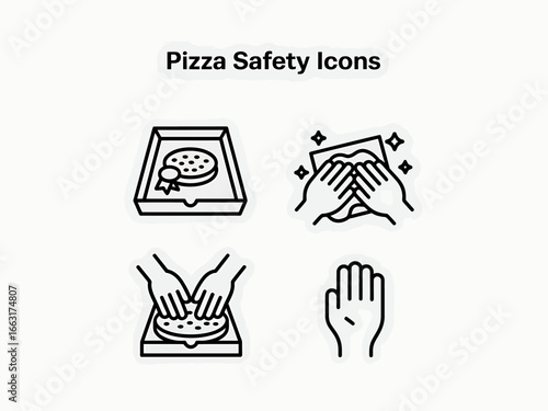 Minimalist Pizza Safety Icon Set Emphasizing Hygiene and Handling Practices for Food Delivery and Preparation Businesses Ensuring Customer Health and Trust