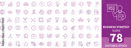 Business strategy vector icon set with 78 editable linear icons for leadership, planning, market analysis, and innovation