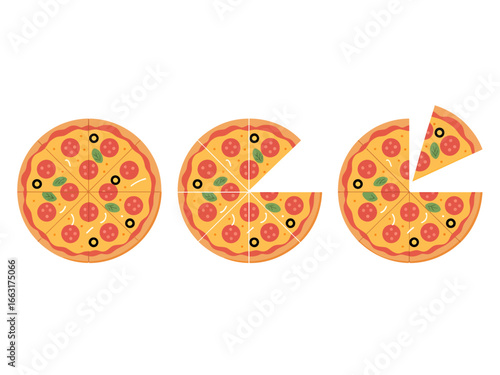 Delicious Pizza Fractions Illustration Showing Whole Half and Quarter Pizza Portions on a White Background
