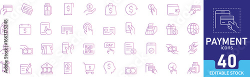 Payment vector icon set with editable line icons for contactless, credit card, NFC, mobile wallet, smartwatch, and secure digital transactions..