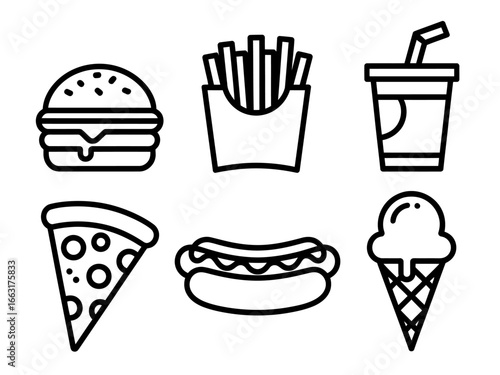 Outlined Icons of Classic Fast Food Favorites like Burger Fries Pizza and Ice Cream on White Background