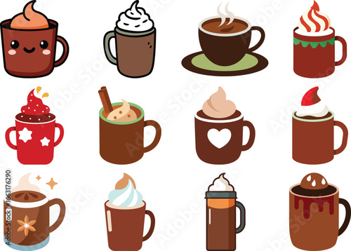 Cute Hot Chocolate and Coffee Collection with Whipped Cream and Festive Decorations
