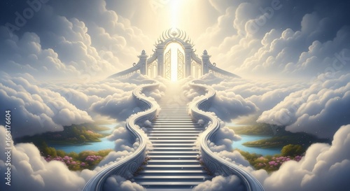 Heavenly Stairway to Paradise: A Digital Painting of a Serene Celestial Gateway