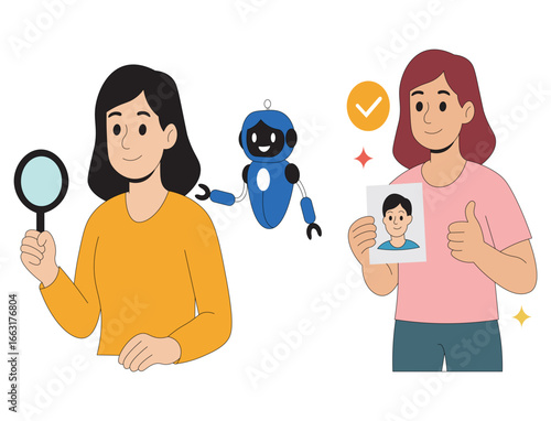 Artificial intelligence face recognition and identity verification illustration people with photo and magnifying glass. Cartoon characters with robot and biometric verification process in flat vector.