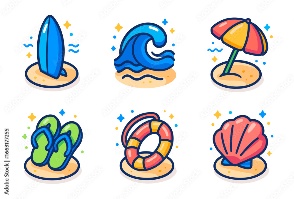 Fototapeta premium Colorful beach icons surfboard, wave, umbrella, flip-flops, lifebuoy, seashell
