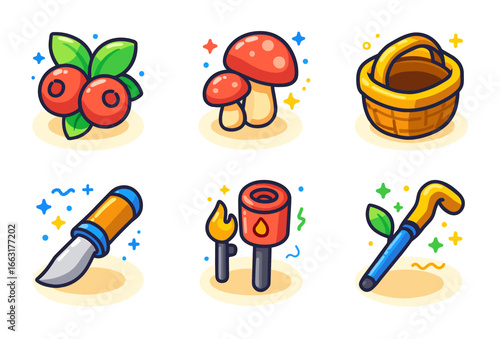 Cartoon forest exploration icons_ berries, mushrooms, basket, knife, torch, cane
