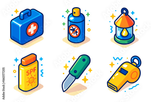 Camping essentials_ first aid, insect repellent, lantern, spf, knife, whistle illustrated icons