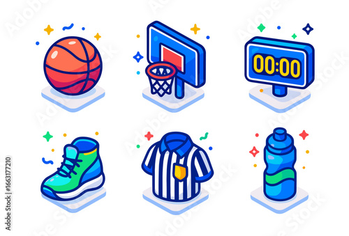  Basketball elements_ ball, hoop, timer, shoe, jersey, water bottle icons