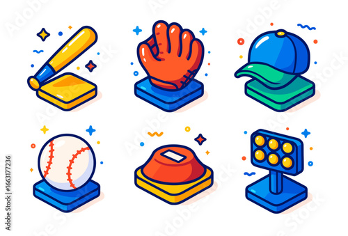 Colorful baseball equipment elements including bat, glove, cap, ball, base, and floodlights