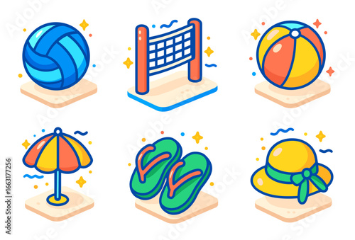 Colorful beach essentials volleyball, beach ball, umbrella, flip flops, sun hat