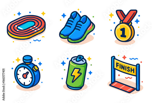 Running icons_ track, shoes, medal, stopwatch, energy drink, finish line