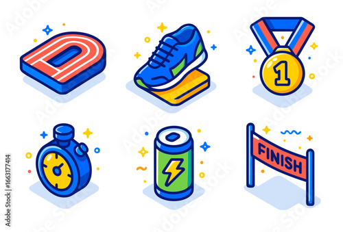 Sports icons medal, shoe, stopwatch, energy drink, finish line, magnet