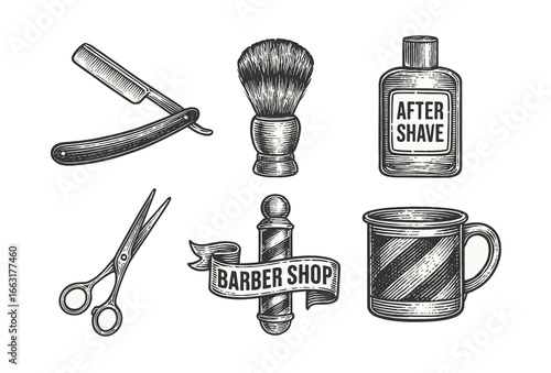 Vintage barber shop items set with razor, scissors, brush, and aftershave bottle