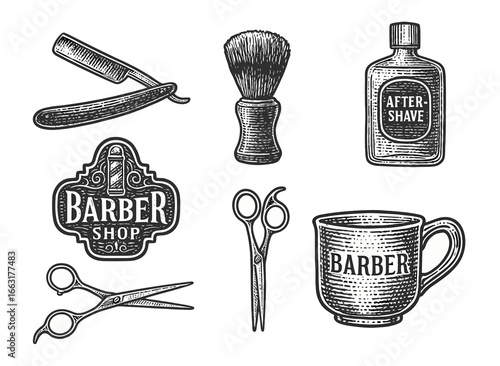 Vintage barber tools collection featuring razor, brush, scissors, aftershave, and mug