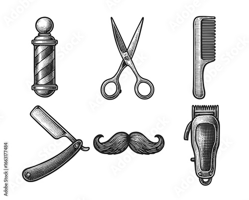 Vintage barber tools collection_ scissors, razor, mustache, clippers, comb, pole