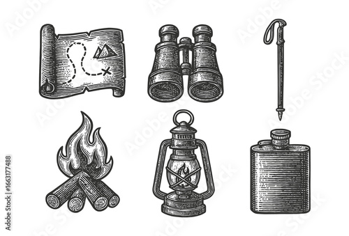 Vintage camping gear collection map, binoculars, walking stick, campfire, lantern, flask