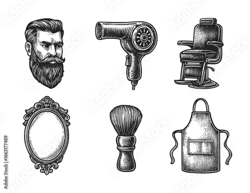 Vintage barber tools and male portrait with beard