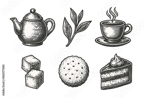 Vintage tea set with cup, teapot, leaves, sugar cubes, biscuit, and cake slice