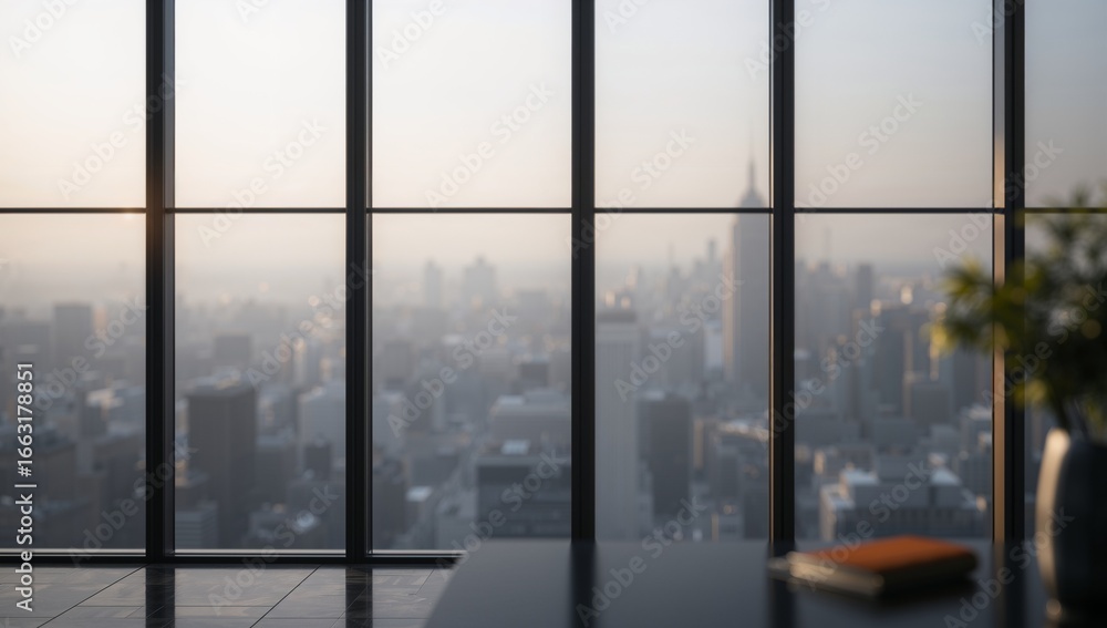 Fototapeta premium view from window, Interior room with reflective surface and cityscape beyond window