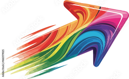 A vibrant rainbow colored arrow pointing upwards with a dynamic trailing effect design