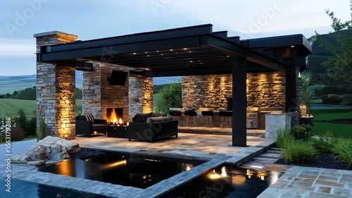 a patio with a fire pit and a grill area next to a pond 4k video