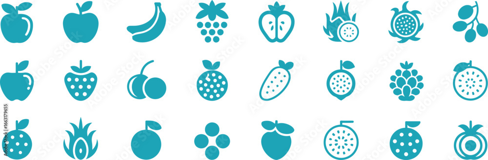 Fototapeta premium Aqua Fruit Icons Set Apple, Banana, Strawberry, Grape, Dragon Fruit,Cherry