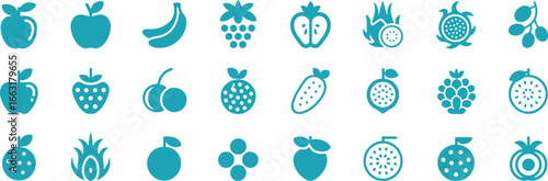 Aqua Fruit Icons Set Apple, Banana, Strawberry, Grape, Dragon Fruit,Cherry