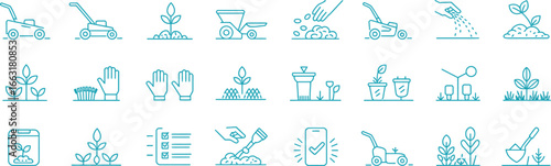 Blue Thin Line Garden Icons Set, Soil, Lawn Mower, Seed, Shovel, Plant, Gardening, Care
