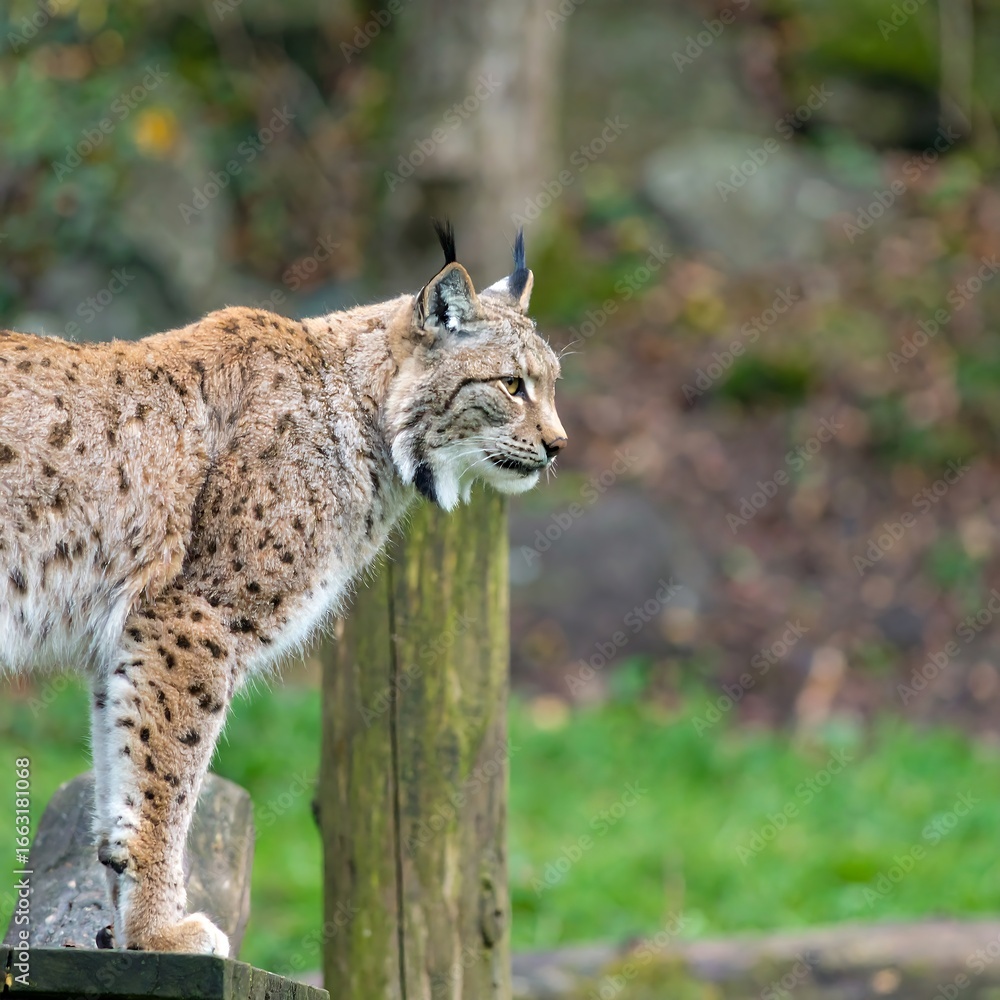 Fototapeta premium Lynx standing on wooden fence