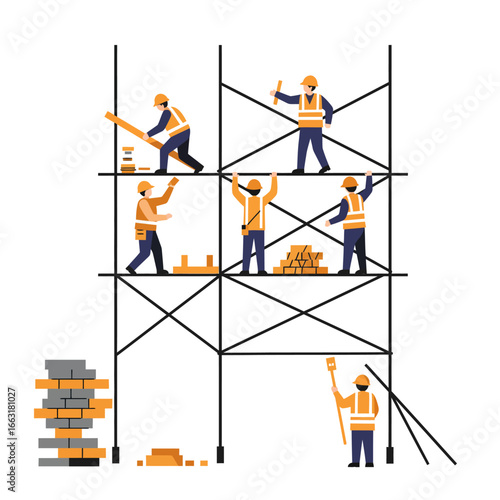 Professional construction crew members are diligently working on a multi-story scaffolding structure, emphasizing teamwork and safe building practices.
