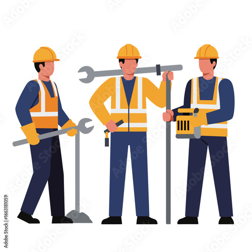 A team of three professional male construction workers, dressed in hard hats and safety vests, stands with tools, embodying skilled labor and collaborative effort.