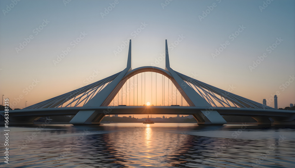 Obraz premium Scenic sunset view with the sun setting behind a large bridge over calm water, featuring warm tones, tranquil landscape, and architectural silhouette